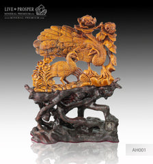Gift  Solid tiger's eye carving of loving peacocks couple with flowers 