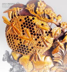 Solid tiger’s eye carving of Honeybees with Flowers on a Wooden stand