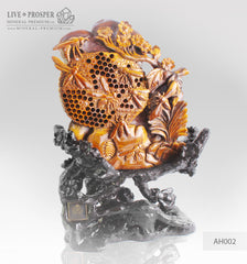 Solid tiger’s eye carving of Honeybees with Flowers on a Wooden stand