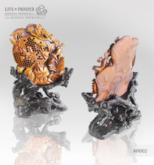 Solid tiger’s eye carving of Honeybees with Flowers on a Wooden stand