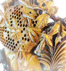 Solid tiger’s eye carving of Honeybees with Flowers on a Wooden stand