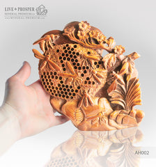 Solid tiger’s eye carving of Honeybees with Flowers on a Wooden stand
