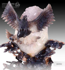 Solid Agate carving of Majestic eagles Fishing with Spread wings on Amethyst Druze