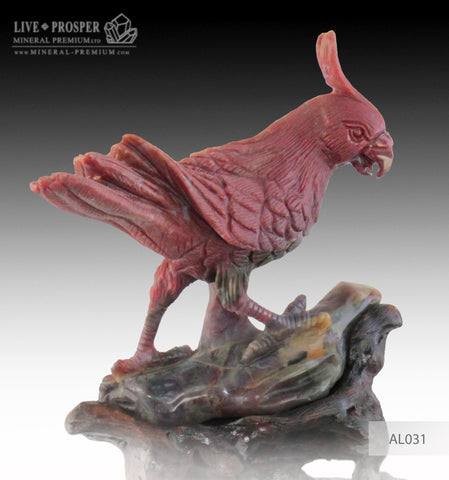 Solid Red jasper Carving of Imperial Parrot " Corella " on a Wooden stand