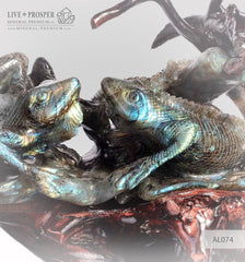 Solid labradorite Lizards carving on a Wooden stand