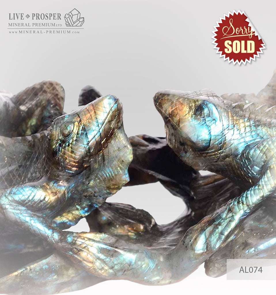 Solid labradorite Lizards carving on a Wooden stand