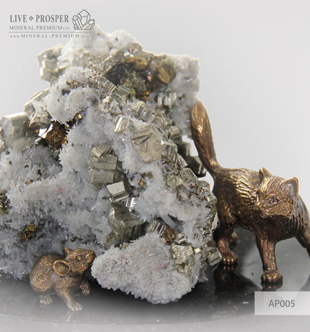 Bronze figures of Cat and Mouse with Pyrite on Dolerite plate