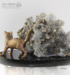Bronze figures of Cat and Mouse with Pyrite on Dolerite plate