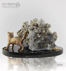 Bronze figures of Cat and Mouse with Pyrite on Dolerite plate