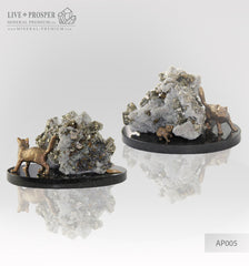 Bronze figures of Cat and Mouse with Pyrite on Dolerite plate