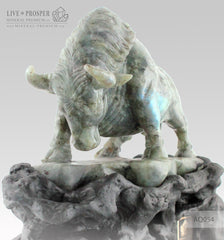 Solid Labradorite carving of Bull - Business Protector on a Wooden stand
