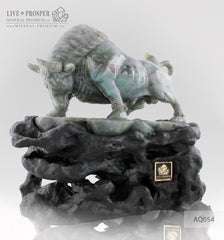 Solid Labradorite carving of Bull - Business Protector on a Wooden stand