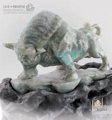 Solid Labradorite carving of Bull - Business Protector on a Wooden stand