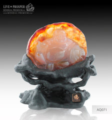 Solid Agate carving of Buddha - Hotey figure on a Wooden stand