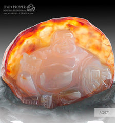 Solid Agate carving of Buddha - Hotey figure on a Wooden stand