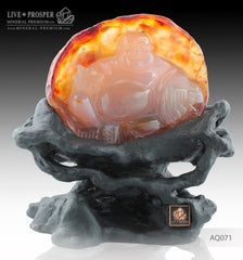 Solid Agate carving of Buddha - Hotey figure on a Wooden stand