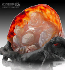 Solid Agate carving of Buddha - Hotey figure on a Wooden stand