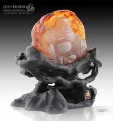 Solid Agate carving of Buddha - Hotey figure on a Wooden stand