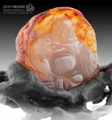 Solid Agate carving of Buddha - Hotey figure on a Wooden stand