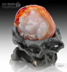 Solid Agate carving of Buddha - Hotey figure on a Wooden stand