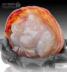 Solid Agate carving of Buddha - Hotey figure on a Wooden stand