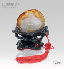 Solid Agate carving of Buddha - Hotey figure on a Wooden stand