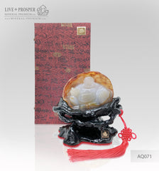 Solid Agate carving of Buddha - Hotey figure on a Wooden stand