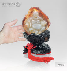Solid Agate carving of Buddha - Hotey figure on a Wooden stand AQ072