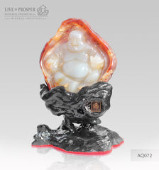 Solid Agate carving of Buddha - Hotey figure on a Wooden stand AQ072
