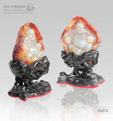 Solid Agate carving of Buddha - Hotey figure on a Wooden stand AQ072