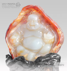 Solid Agate carving of Buddha - Hotey figure on a Wooden stand AQ072
