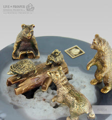 Bronze Bears with Hedgehogs Figures on Agate plate - marble base