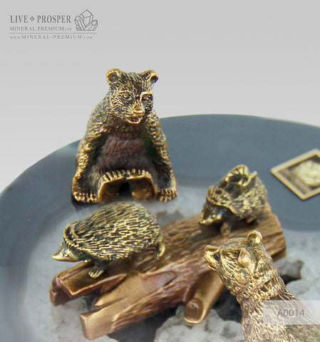 Bronze Bears with Hedgehogs Figures on Agate plate - marble base