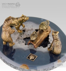 Bronze Bears with Hedgehogs Figures on Agate plate - marble base