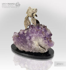 Bronze goldfish figure with demantoids eyes and amethyst on a dolerite plate Бронзовая Золотая рыбка с глазами из демантоидов и аметистом на пластине из долерита