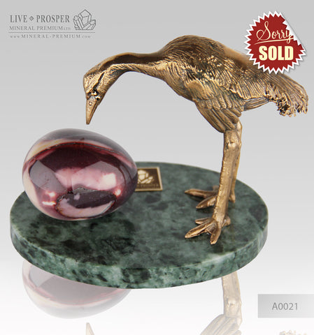 Bronze Heron  Figure with Mookaite egg on a Marble plate