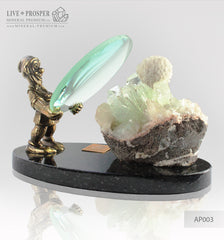 Bronze Dwarf figure with a Magnifying glass and Apophyllite