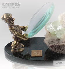 Bronze Dwarf figure with a Magnifying glass and Apophyllite