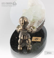 Bronze Dwarf figure with a Magnifying glass and Apophyllite