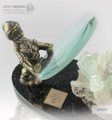 Bronze Dwarf figure with a Magnifying glass and Apophyllite