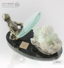 Bronze Dwarf figure with a Magnifying glass and Apophyllite