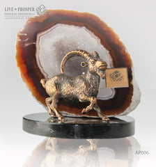 Bronze figure of "Capra" mountain  Goat with geode Agate druz on a Dolerite plate
