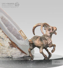 Bronze figure of "Capra" mountain  Goat with geode Agate druz on a Dolerite plate
