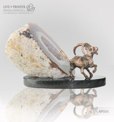Bronze figure of "Capra" mountain  Goat with geode Agate druz on a Dolerite plate