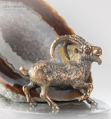 Bronze figure of "Capra" mountain  Goat with geode Agate druz on a Dolerite plate