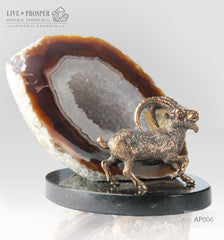 Bronze figure of "Capra" mountain  Goat with geode Agate druz on a Dolerite plate