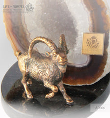 Bronze figure of "Capra" mountain  Goat with geode Agate druz on a Dolerite plate