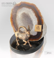 Bronze figure of "Capra" mountain  Goat with geode Agate druz on a Dolerite plate