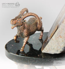 Bronze figure of "Capra" mountain  Goat with geode Agate druz on a Dolerite plate