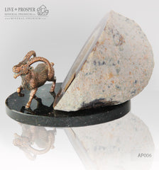 Bronze figure of "Capra" mountain  Goat with geode Agate druz on a Dolerite plate